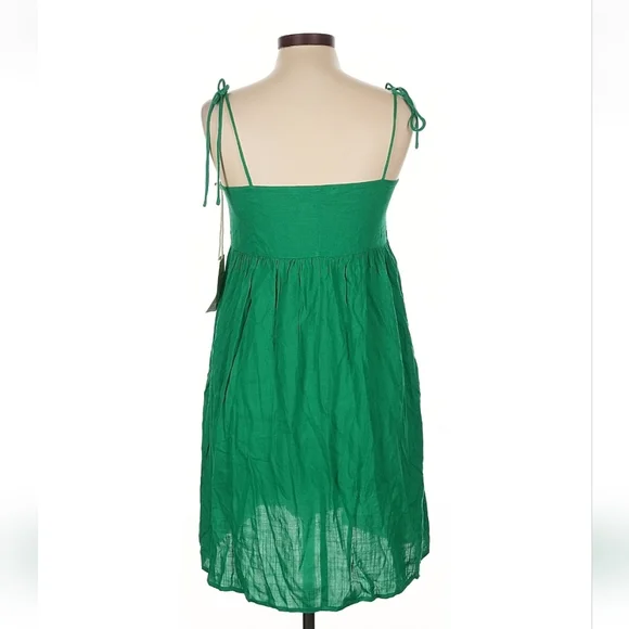 Linen & Life Green Linen Babydoll Mini Dress Size 10 Bow Straps Tropical Luxury - Picture 5 of 9